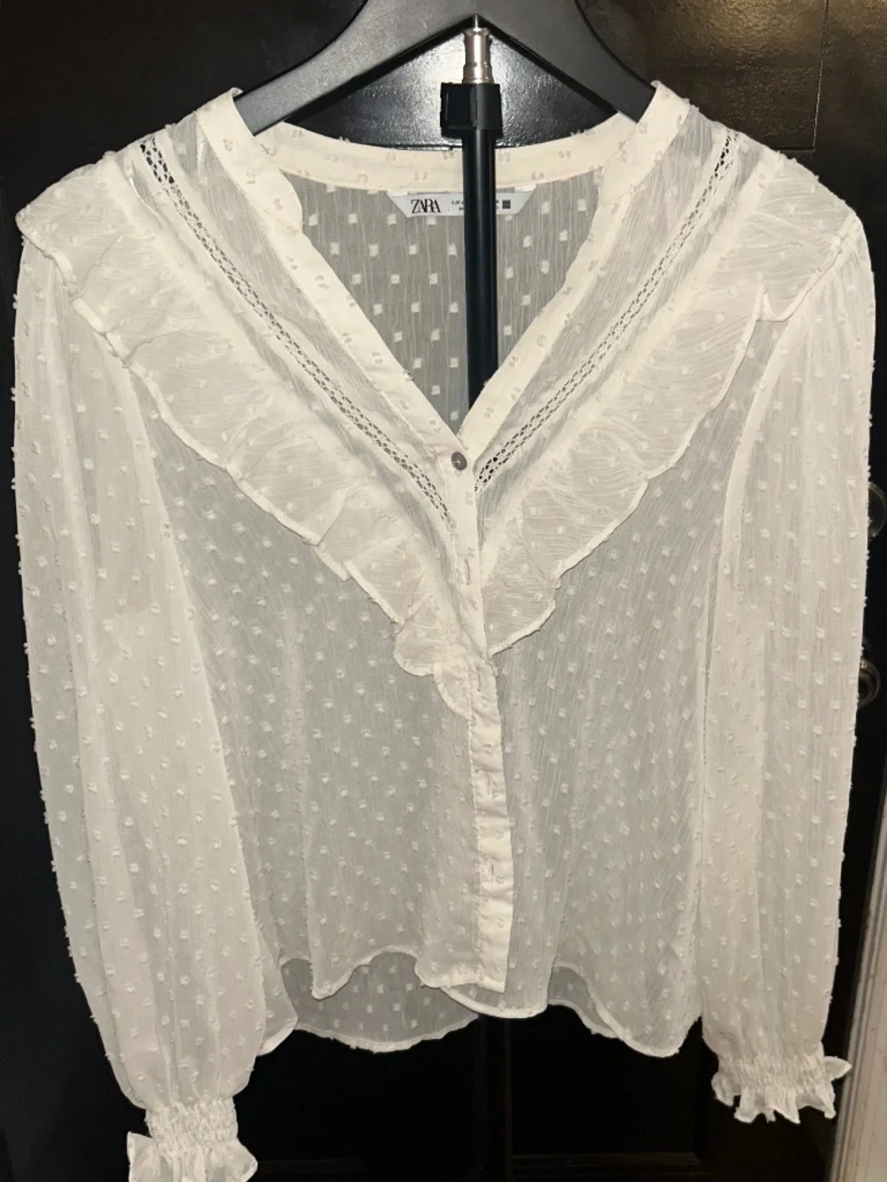 Zara White Swiss Dot Ruffle Blouse